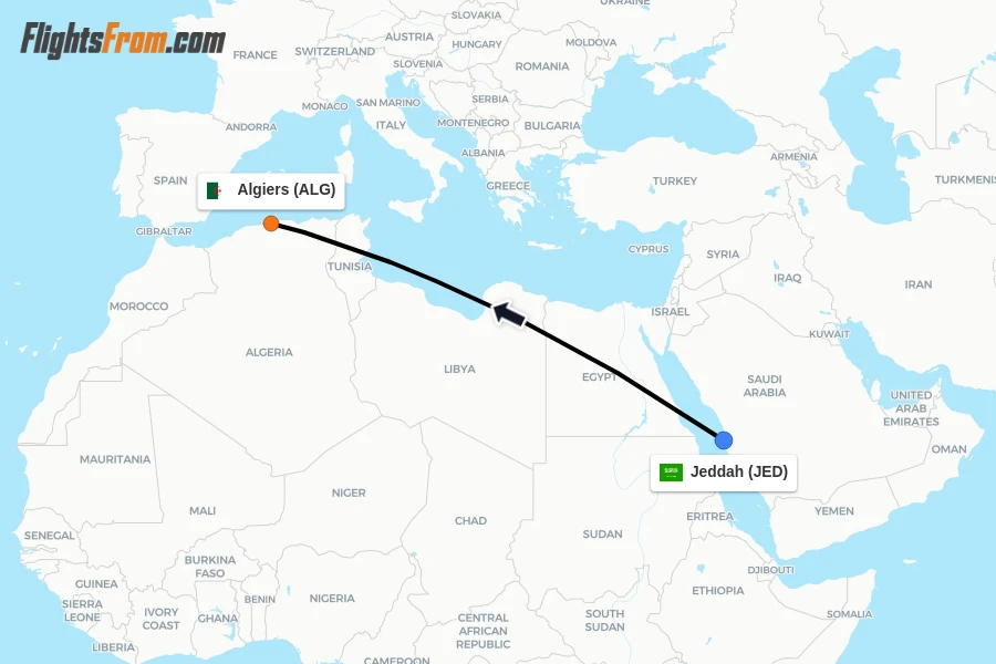 Flights from Jeddah to Algiers route map