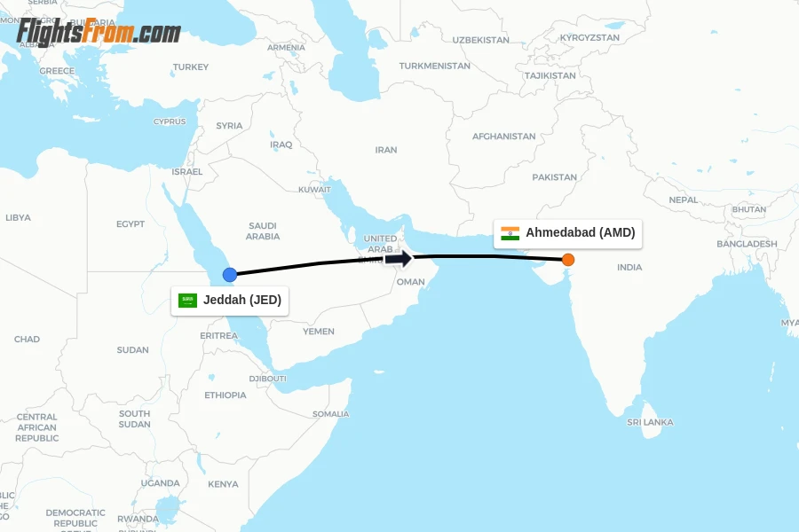 Flights from Jeddah to Ahmedabad route map