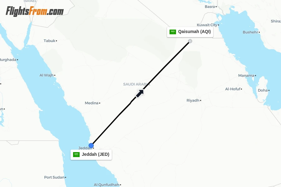 Flights from Jeddah to Qaisumah route map