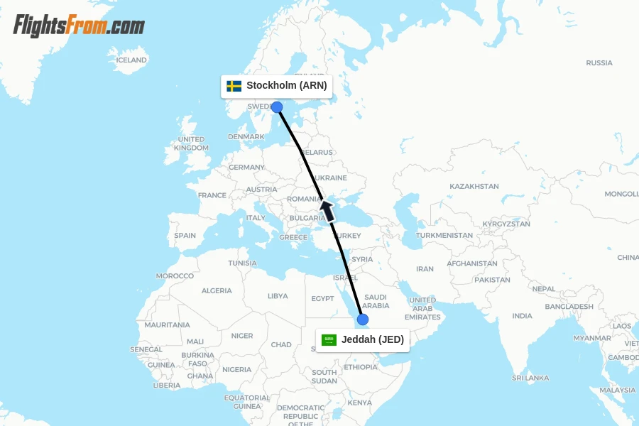 Flights from Jeddah to Stockholm route map