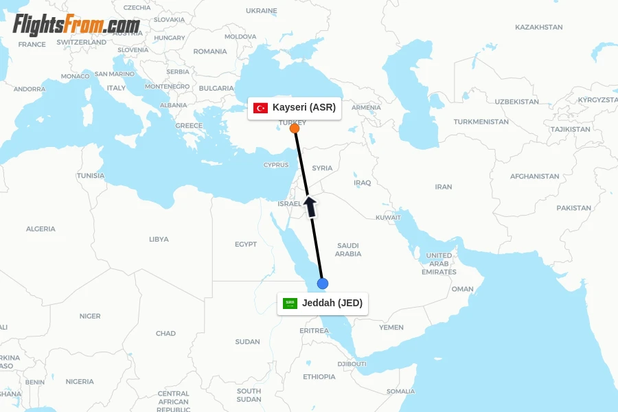 Flights from Jeddah to Kayseri route map
