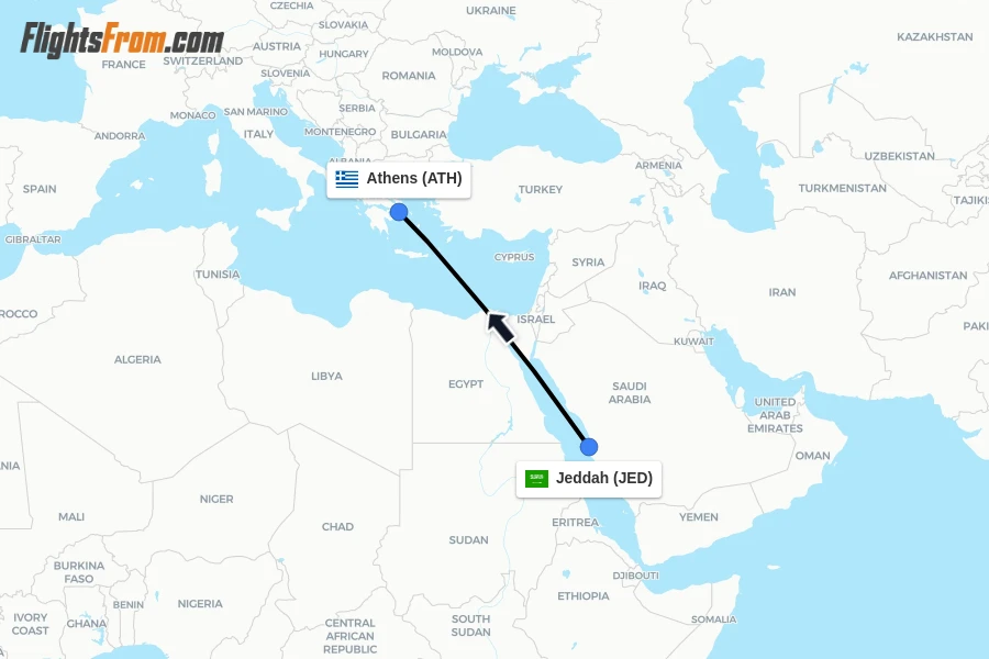 Flights from Jeddah to Athens route map