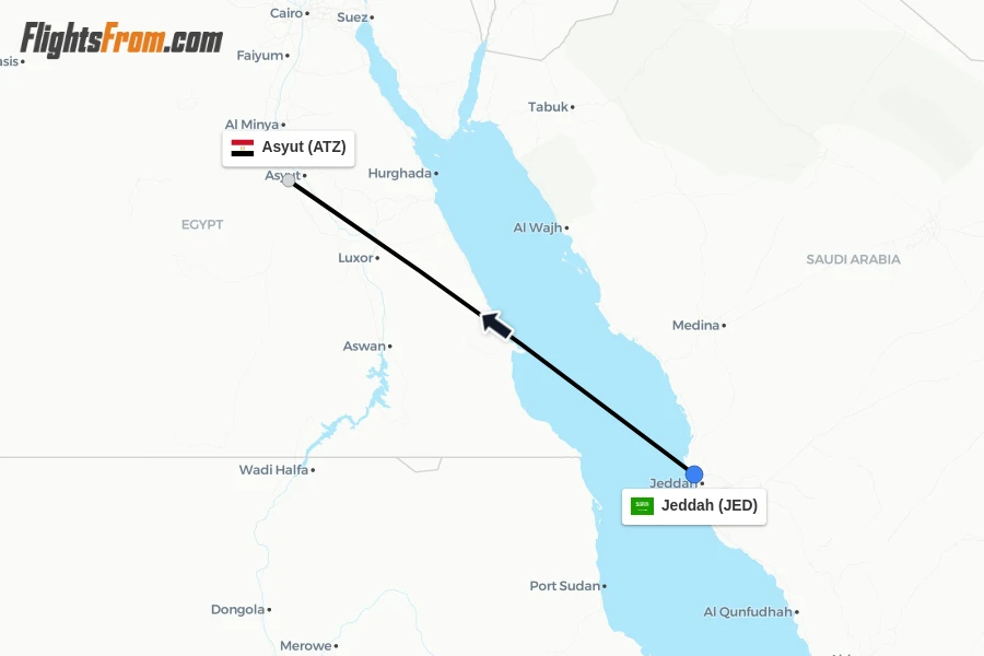 Flights from Jeddah to Asyut route map