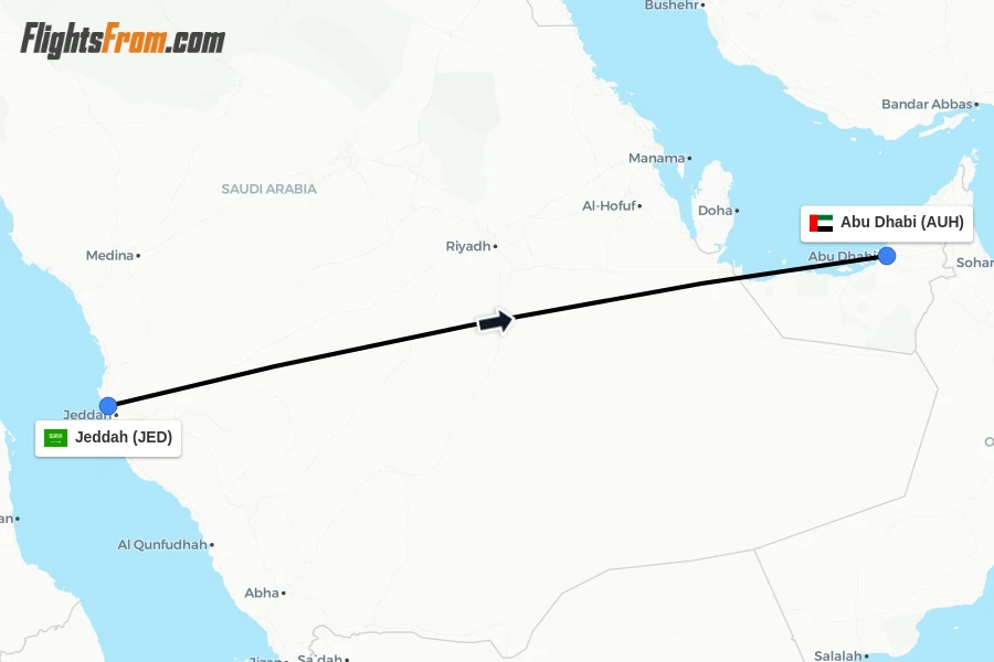 Flights from Jeddah to Abu Dhabi route map
