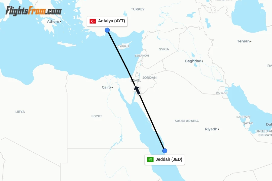Flights from Jeddah to Antalya route map