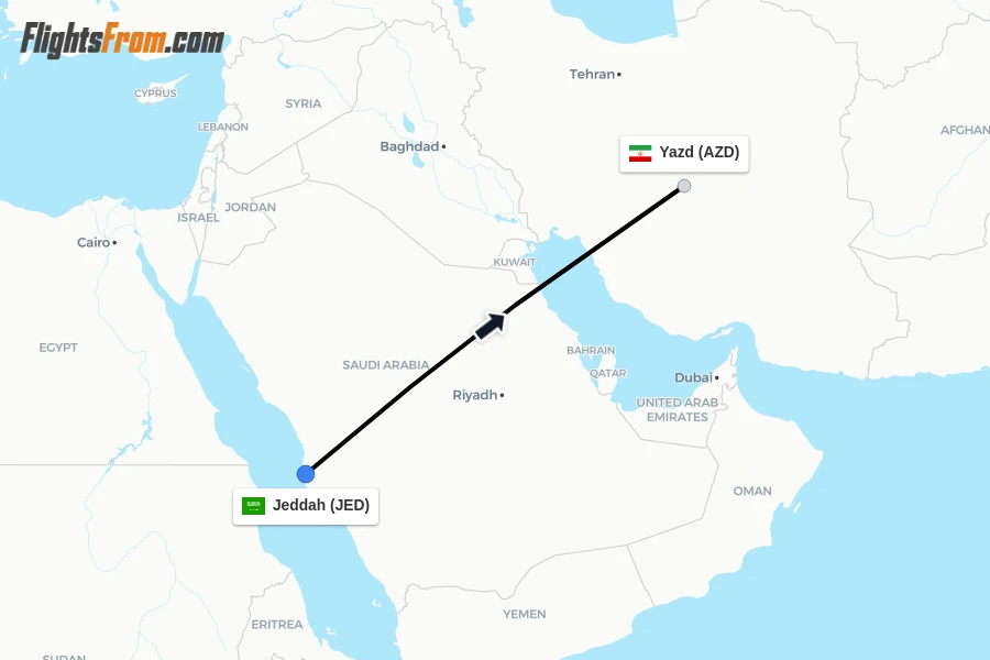 Flights from Jeddah to Yazd route map