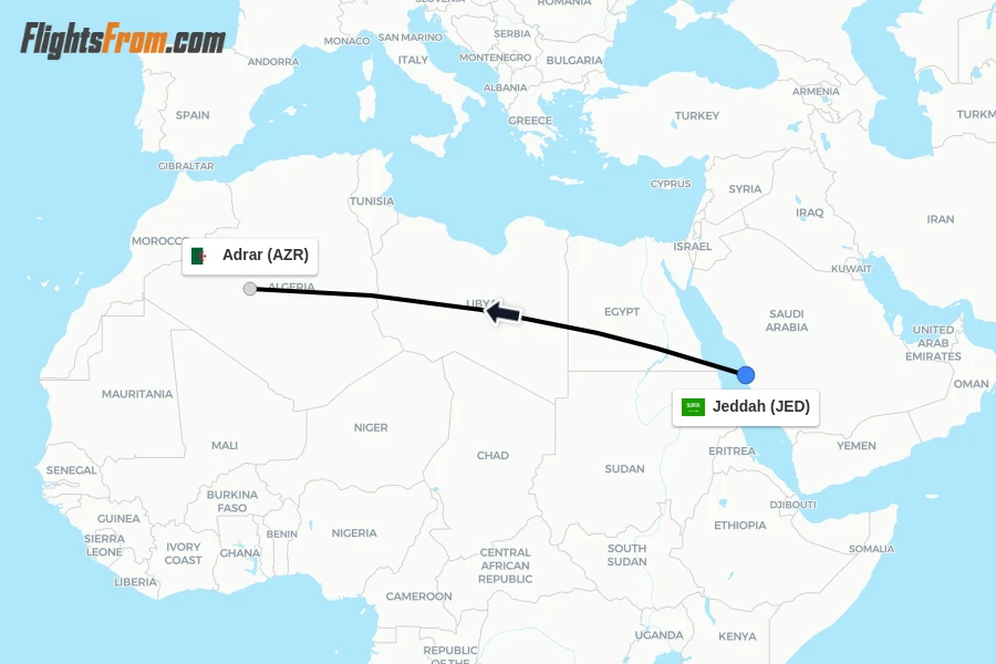 Flights from Jeddah to Adrar route map
