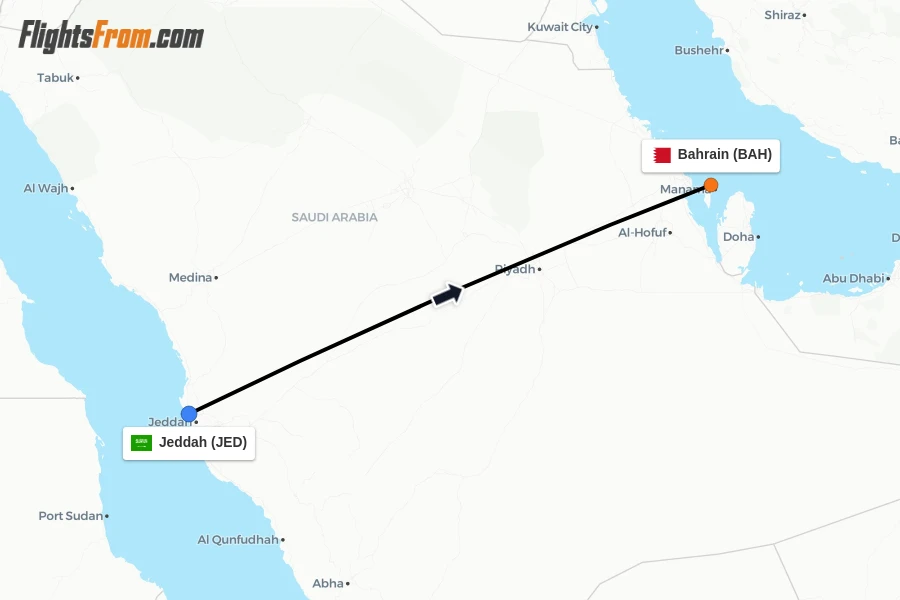 Flights from Jeddah to Bahrain route map