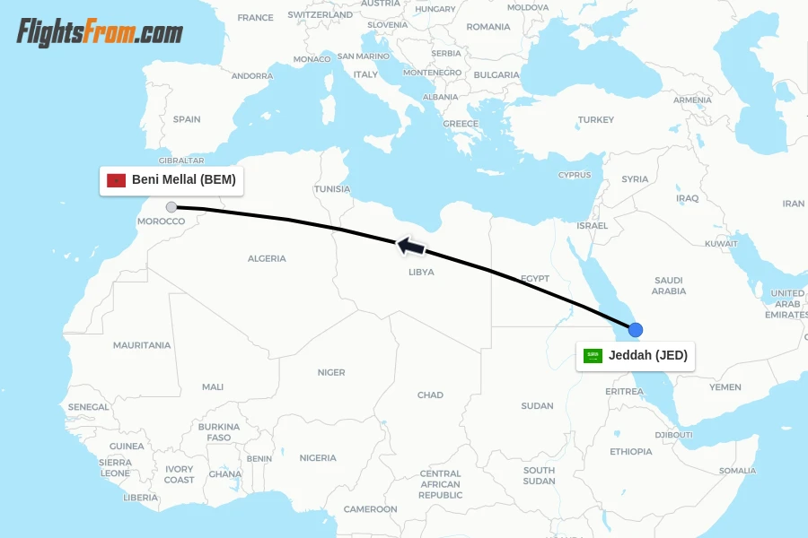 Flights from Jeddah to Beni Mellal route map