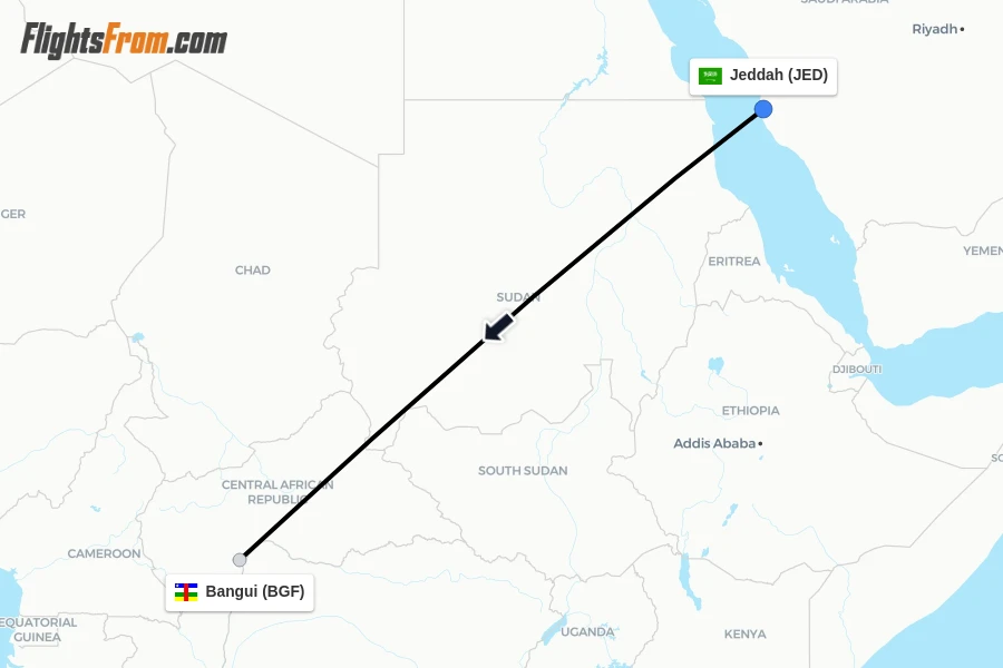 Flights from Jeddah to Bangui route map
