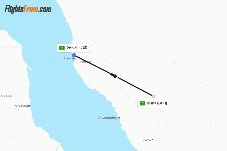 Flights from Jeddah to Bisha route map