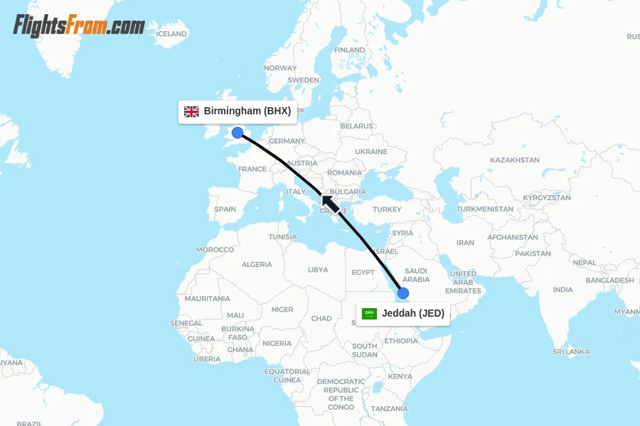 Flights from Jeddah to Birmingham route map