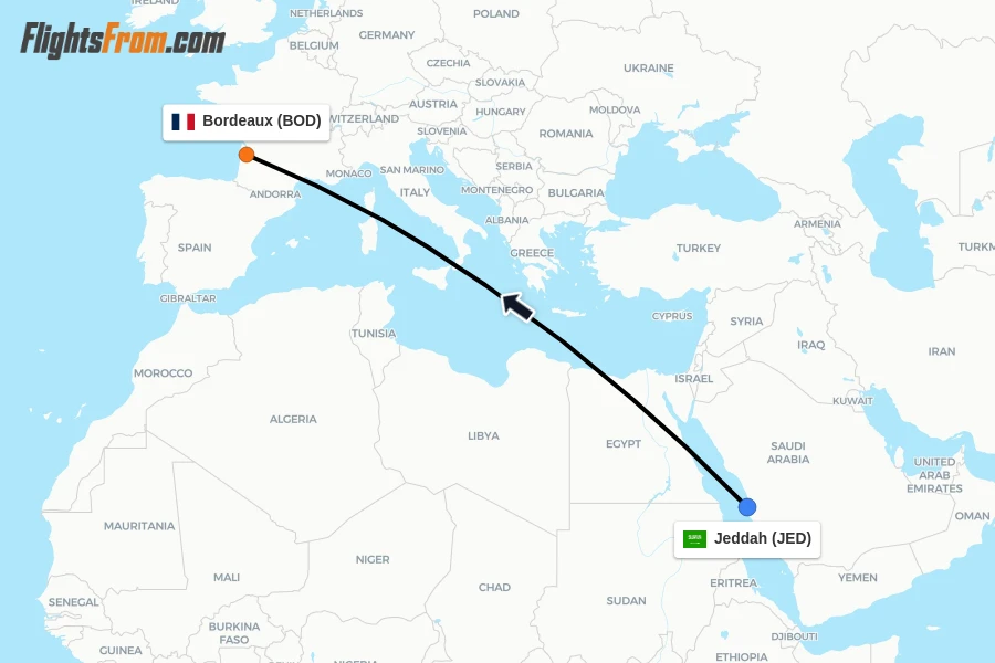 Flights from Jeddah to Bordeaux route map