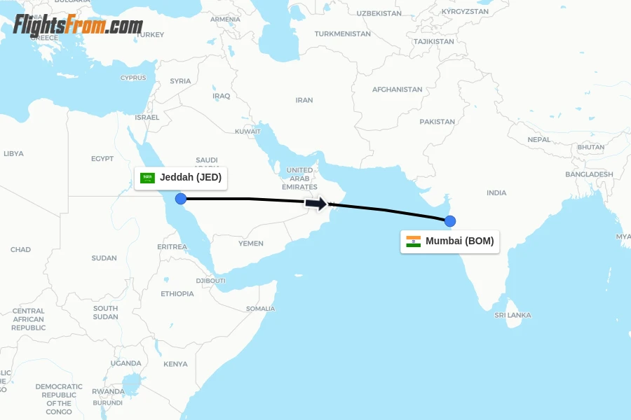Flights from Jeddah to Mumbai route map
