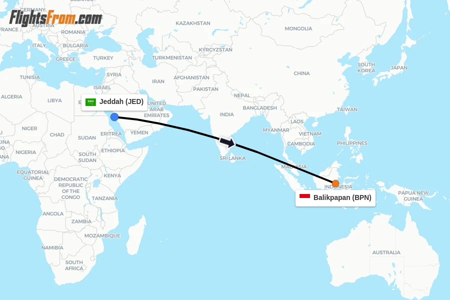 Flights from Jeddah to Balikpapan route map