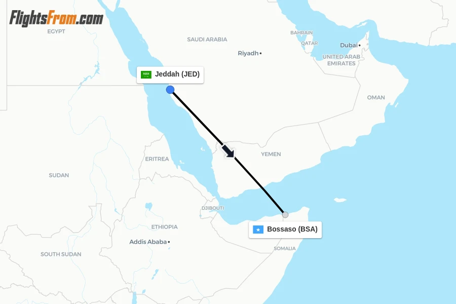 Flights from Jeddah to Bossaso route map