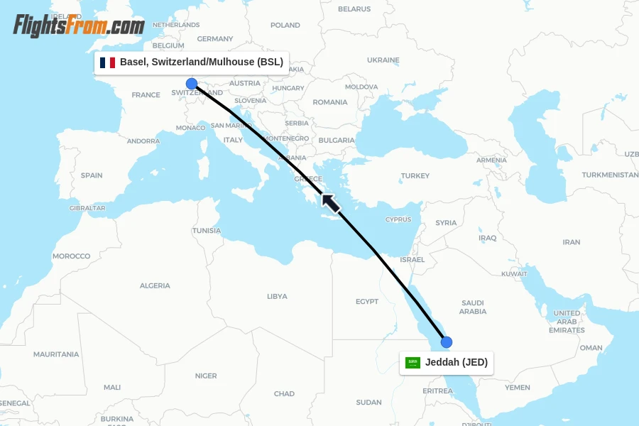 Flights from Jeddah to Basel, Switzerland/Mulhouse route map