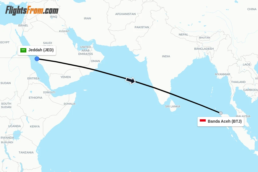 Flights from Jeddah to Banda Aceh route map