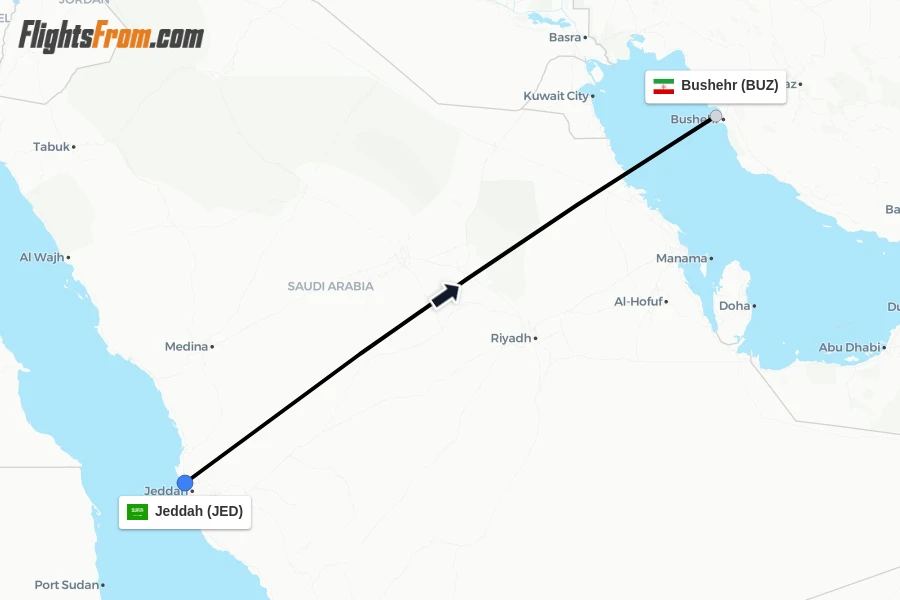 Flights from Jeddah to Bushehr route map
