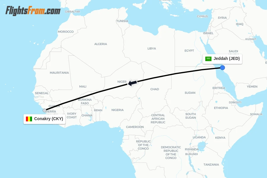 Flights from Jeddah to Conakry route map