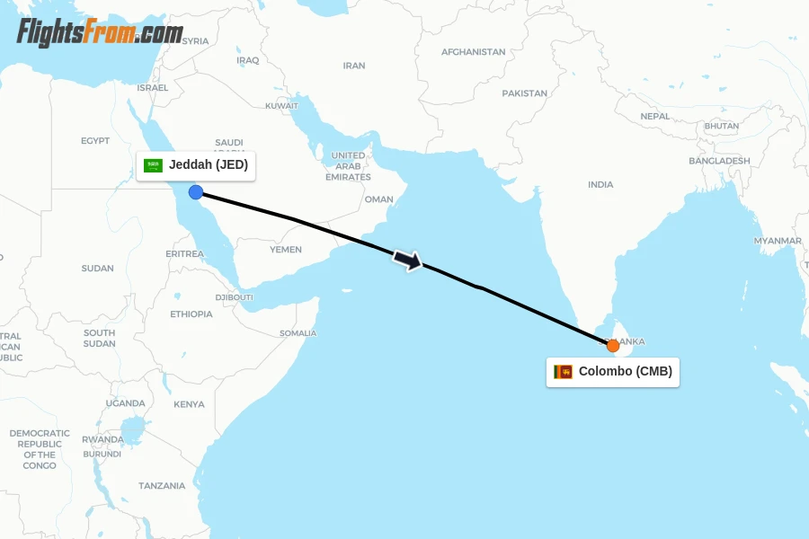 Flights from Jeddah to Colombo route map