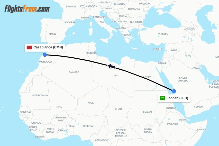 Flights from Jeddah to Casablanca route map