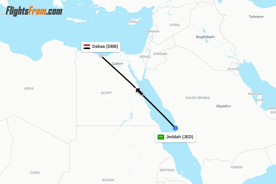 Flights from Jeddah to Dabaa route map