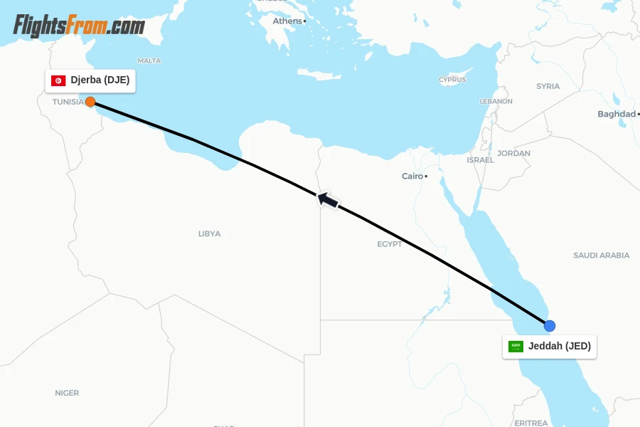 Flights from Jeddah to Djerba route map