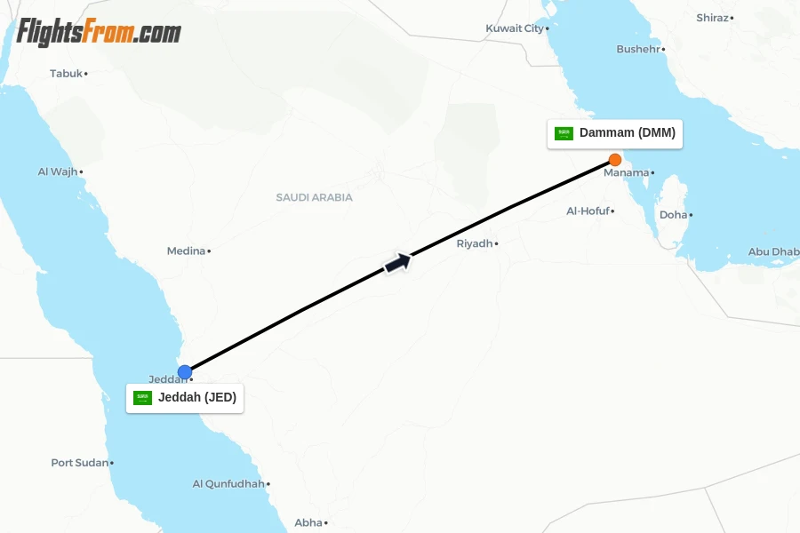 Flights from Jeddah to Dammam route map