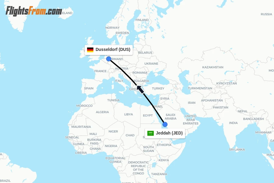 Flights from Jeddah to Dusseldorf route map