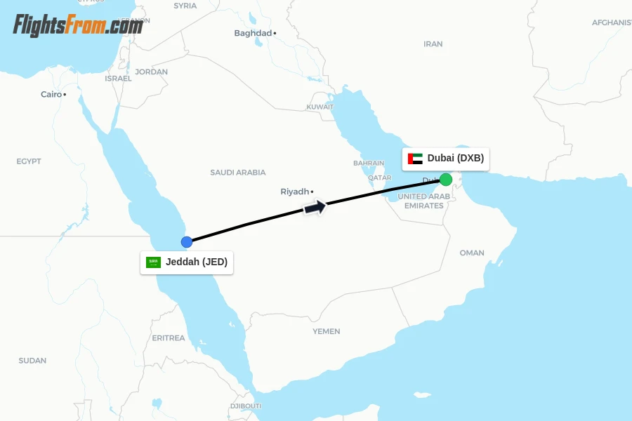 Flights from Jeddah to Dubai route map