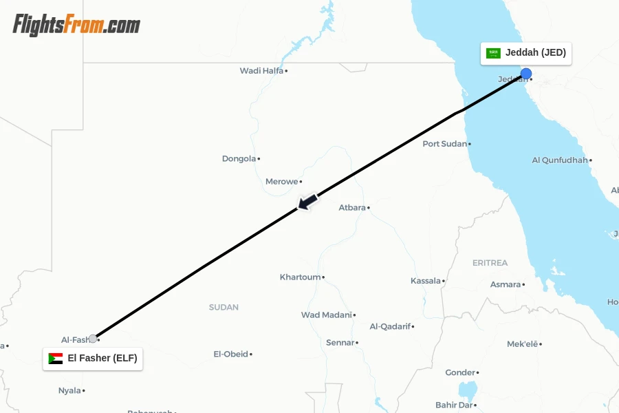 Flights from Jeddah to El Fasher route map