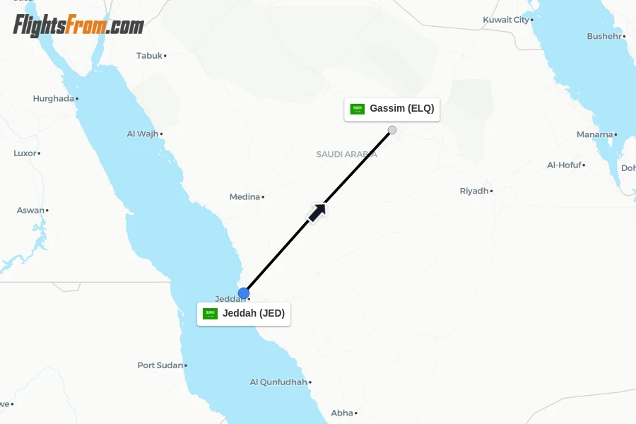Flights from Jeddah to Gassim route map