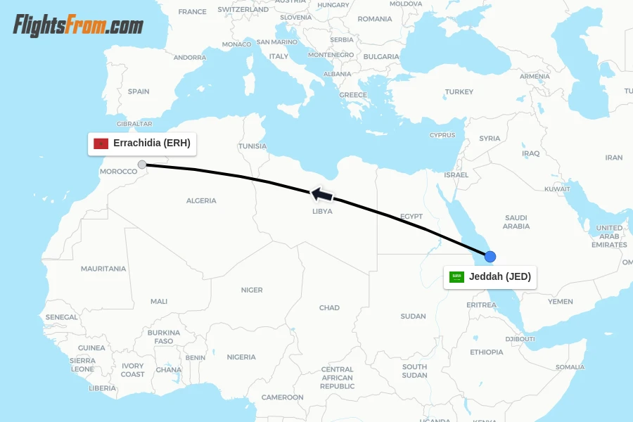 Flights from Jeddah to Errachidia route map