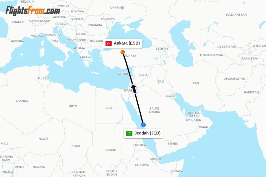 Flights from Jeddah to Ankara route map