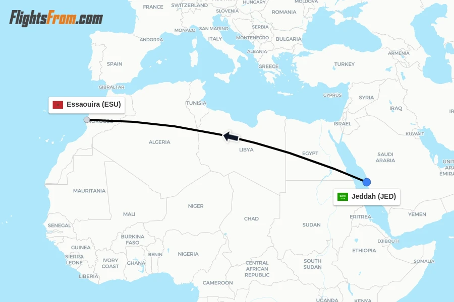Flights from Jeddah to Essaouira route map