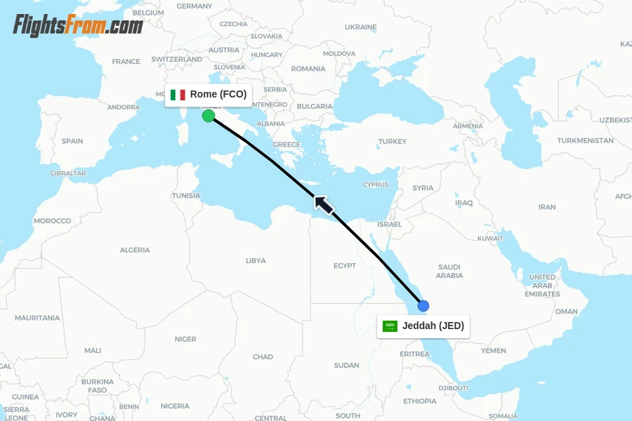 Flights from Jeddah to Rome route map
