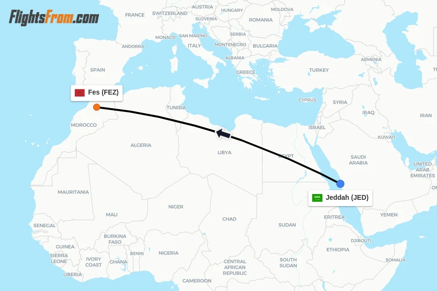 Flights from Jeddah to Fes route map