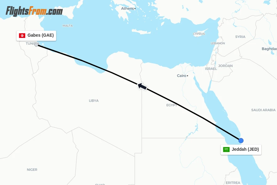 Flights from Jeddah to Gabes route map