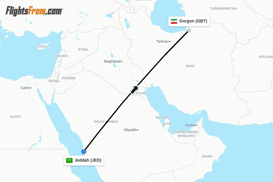 Flights from Jeddah to Gorgon route map