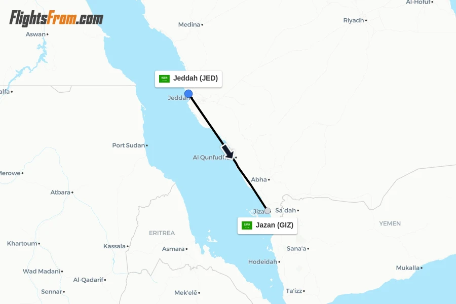 Flights from Jeddah to Jazan route map
