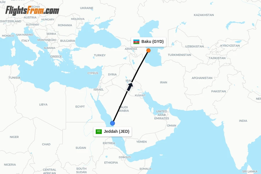 Flights from Jeddah to Baku route map