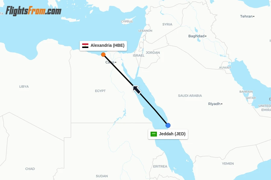 Flights from Jeddah to Alexandria route map