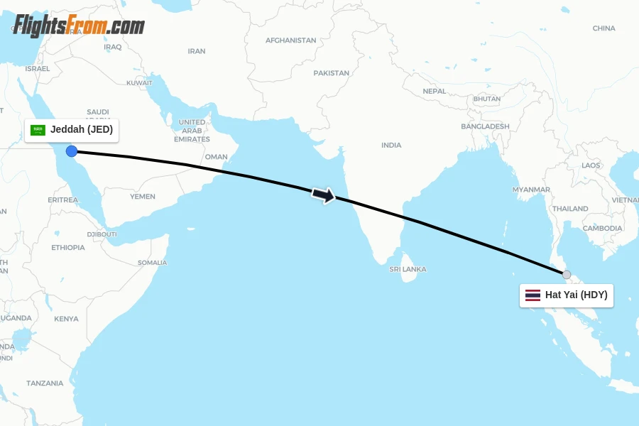 Flights from Jeddah to Hat Yai route map