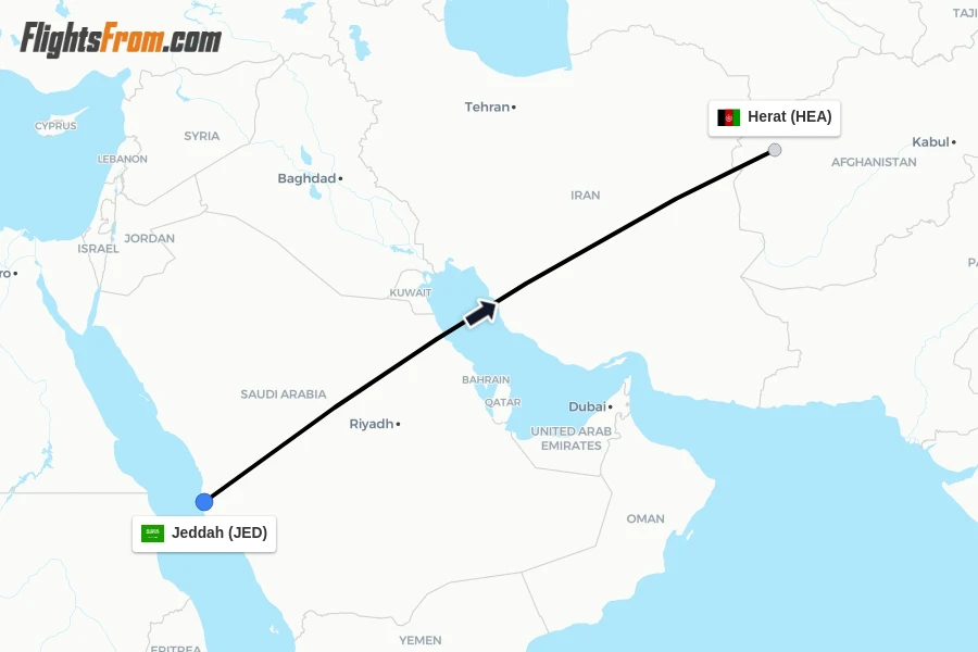 Flights from Jeddah to Herat route map