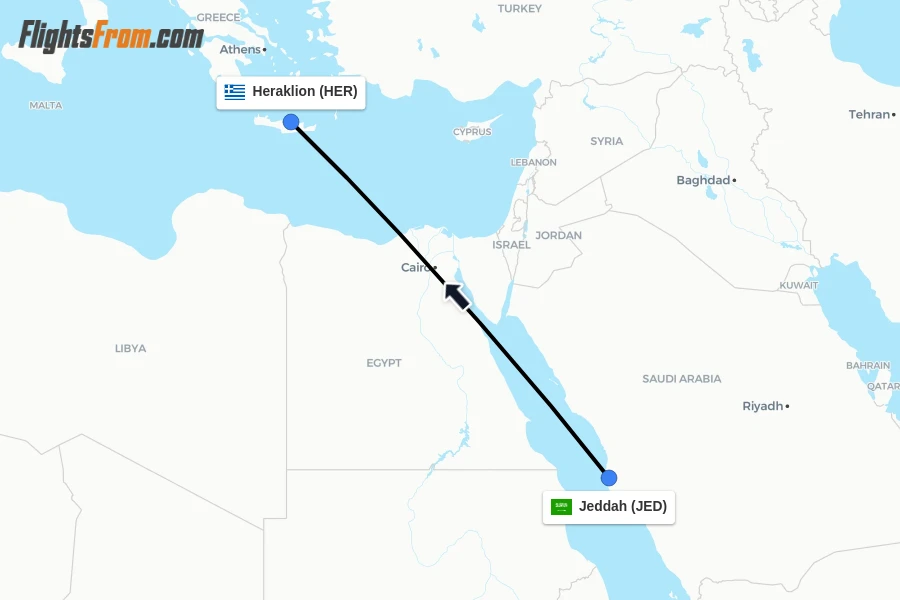 Flights from Jeddah to Heraklion route map