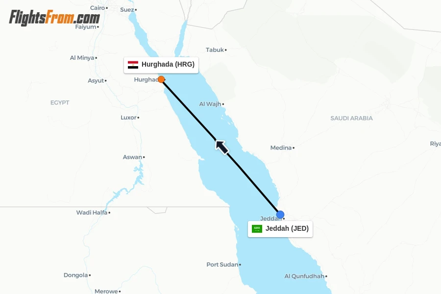 Flights from Jeddah to Hurghada route map