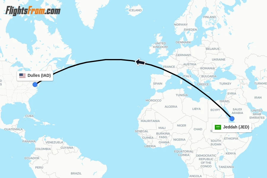 Flights from Jeddah to Dulles route map