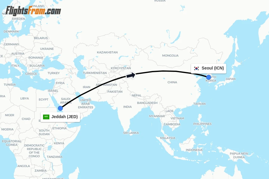 Flights from Jeddah to Seoul route map