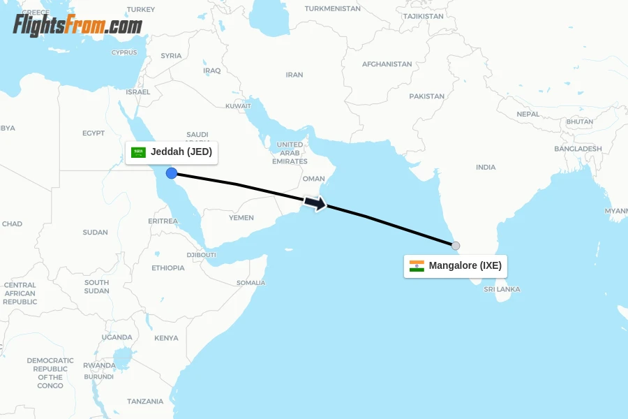 Flights from Jeddah to Mangalore route map